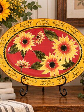 Pier‎ 1 Imports Sunflower Terracotta Serving Platter Large Oval Hand-painted